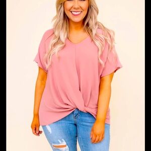 Pink Tie Front Blouse with V-Neck and Short Sleeves